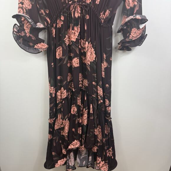 Johanna Ortiz X H&M NWOT Brown Floral Dress Small Hi Low Maxi Ruffle Tiered - Picture 5 of 16